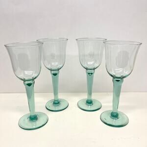 Hand Blown Verde Green Wine Water Goblets Set of 4